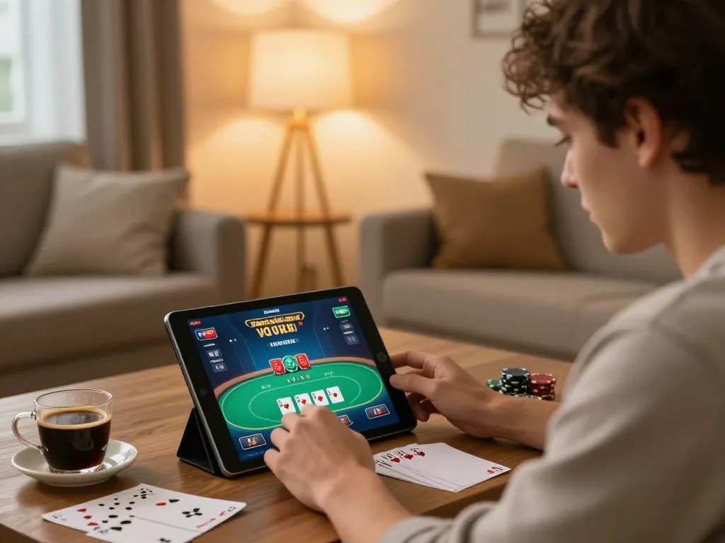 Engaging online poker session on tablet by mm888 user in cozy living room setting.