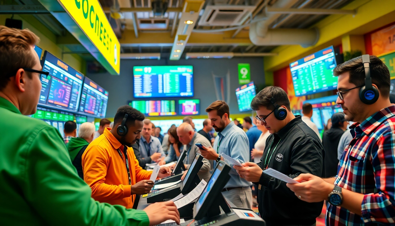 Engaged bettors enjoying the thrill of Sports Betting in an energetic and vibrant environment.