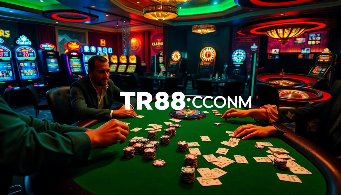 Professional gamblers playing poker at TR88 COM casino table amid vibrant slot machines.