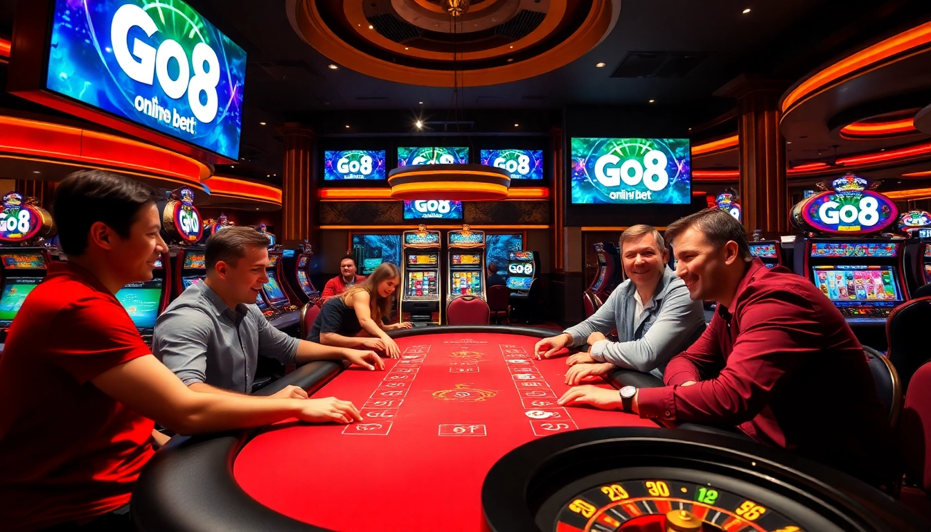 Go 8 players enjoying an exciting poker game at a vibrant casino table.