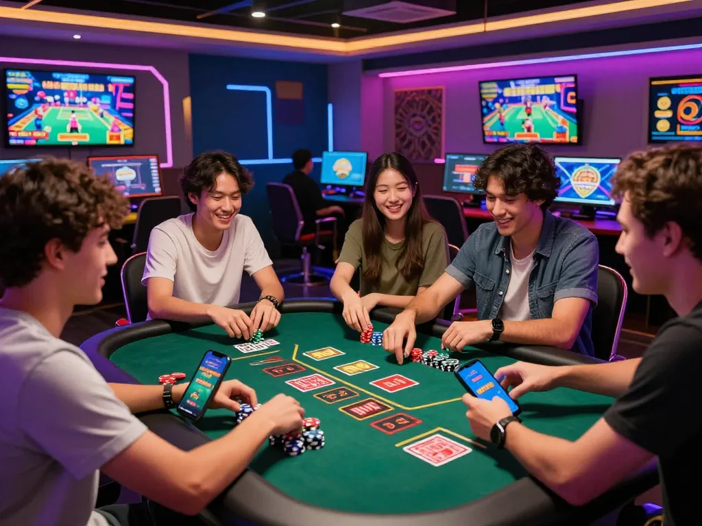 Friends enjoying a live casino experience celebrating free credit 918kiss with vibrant atmosphere and colorful gaming table.