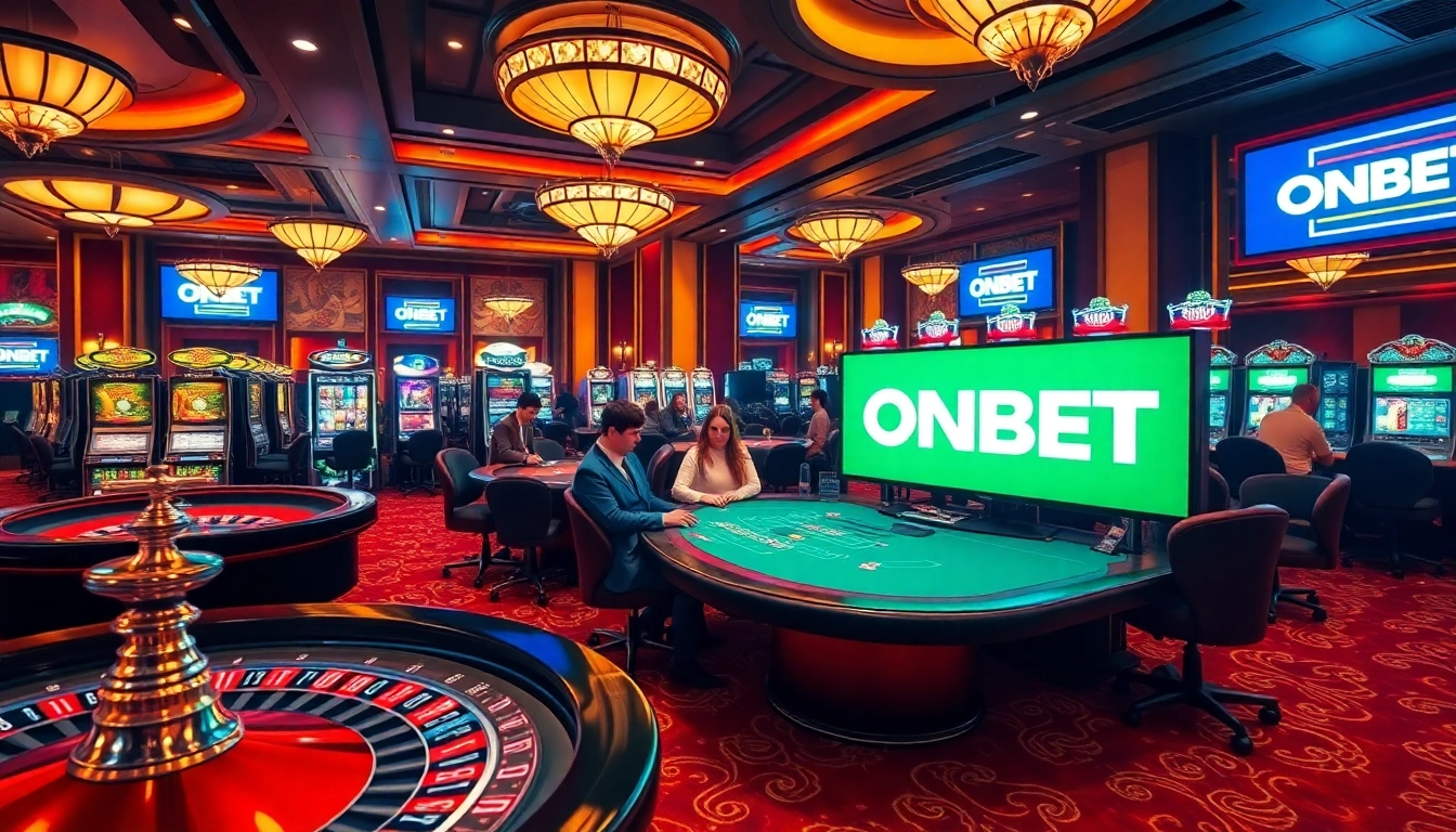 Gamblers enjoying a luxurious casino experience at ONBET with vibrant slot machines and poker tables.