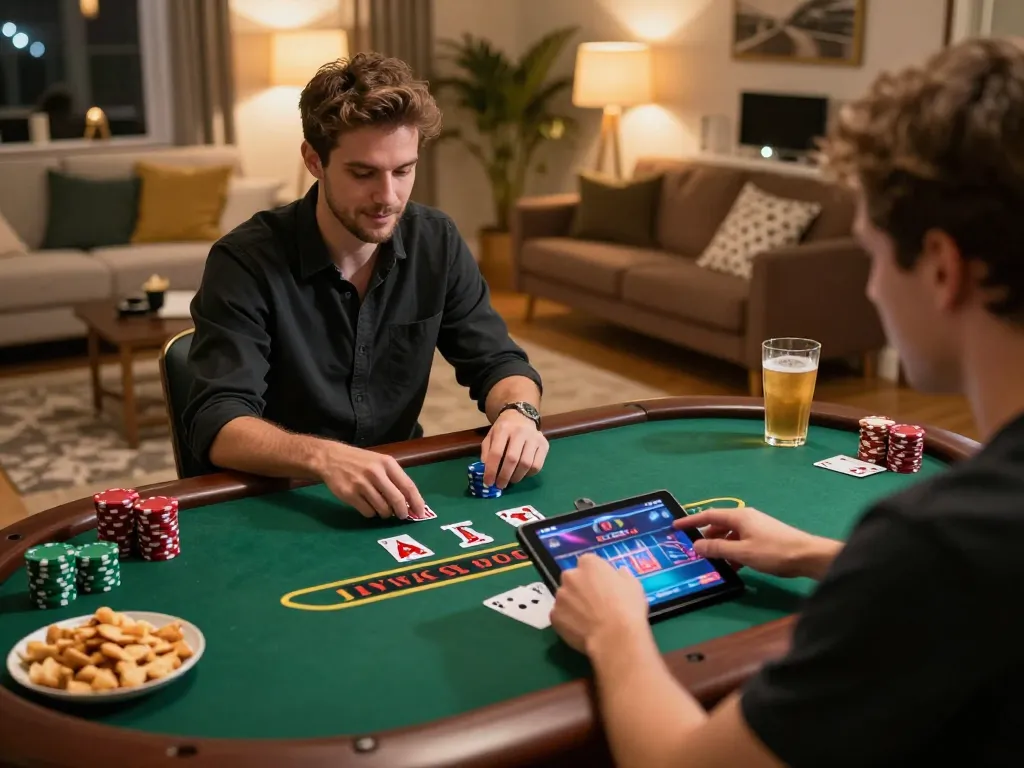 Player enjoying online blackjack on tablet, engaging with tr88 live dealer, cozy home setting