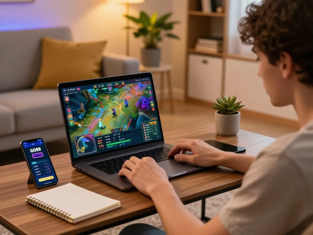 Playing GO88 on a sleek laptop in a cozy living room with betting strategies close by.