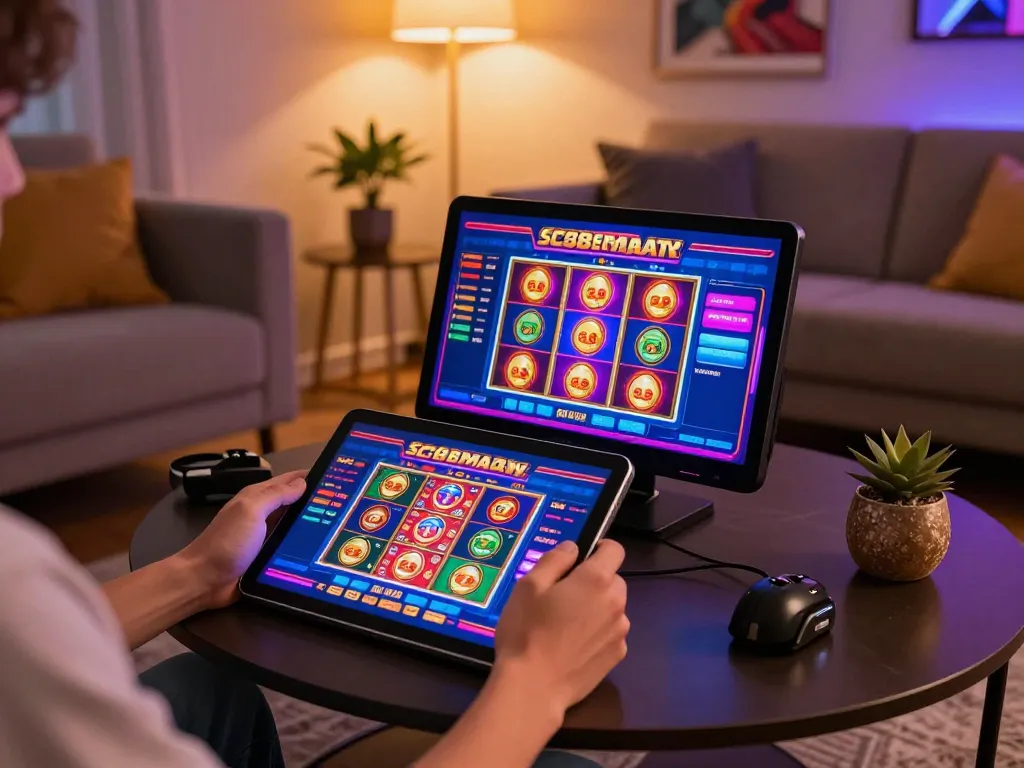Exciting SC88VN gaming session on tablet showcasing vibrant slots interface in cozy home.