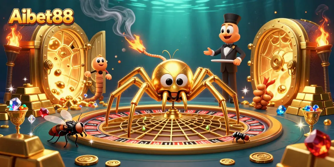 Aibet88 showcases a vibrant 3D scene with a golden spider and centipede croupier in a casino atmosphere.