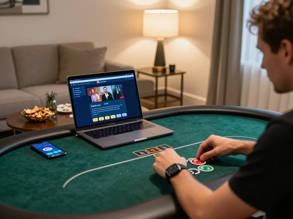 Kuwin poker gameplay on laptop in a cozy home setting, showcasing relaxed strategic gambling