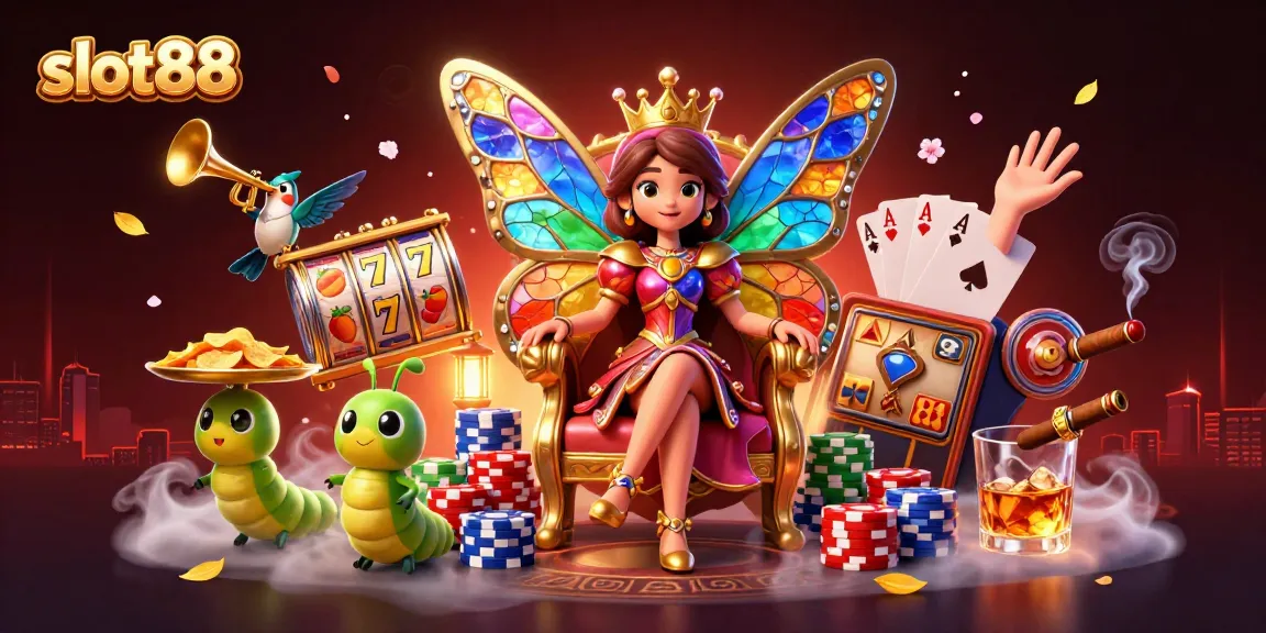 Tampilkan slot88 dengan karakter ratu kupu-kupu melihat tumpukan chips kasino dan elemen permainan di sekitarnya.