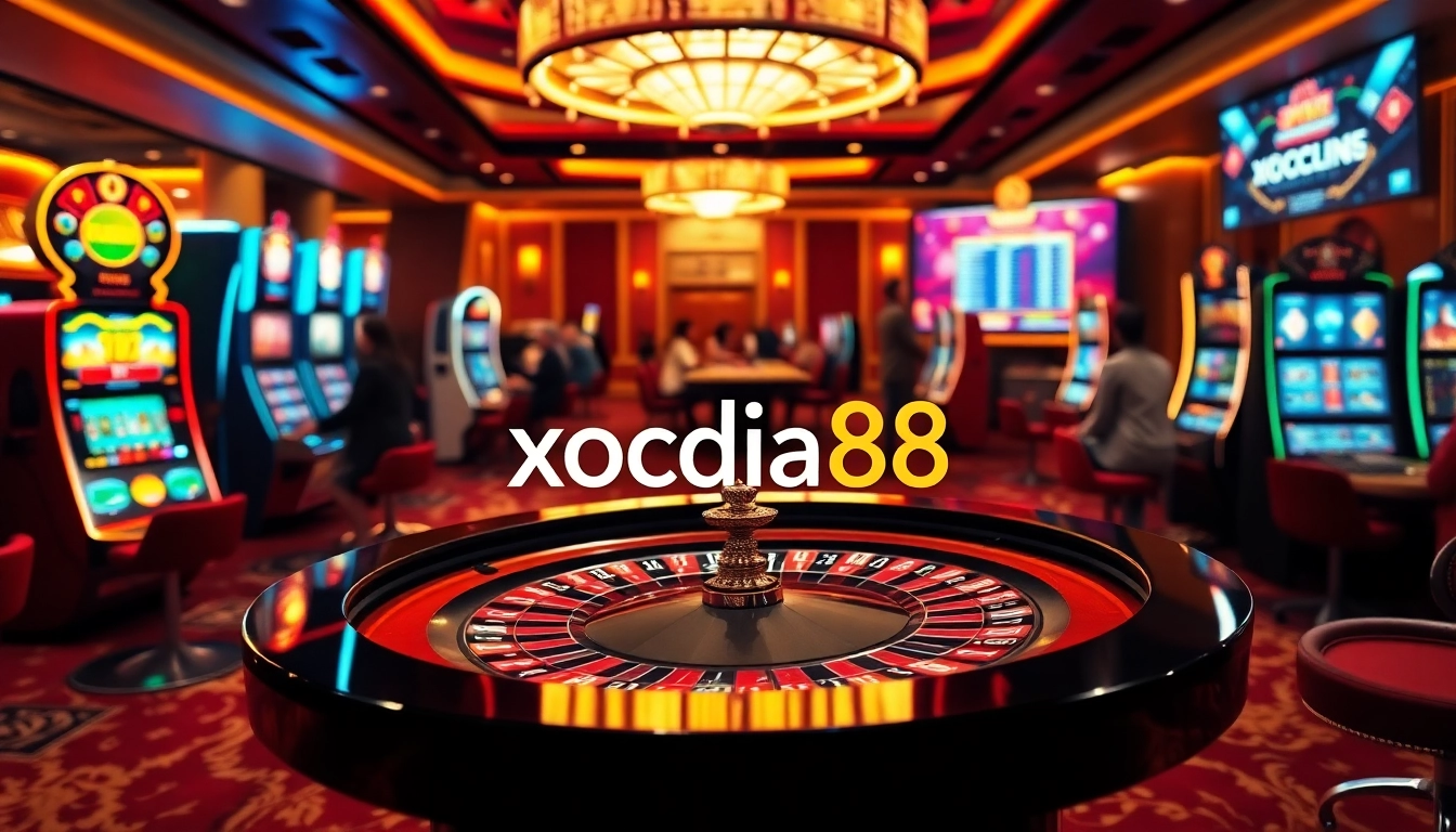 Xocdia88 gaming excitement on a luxury casino floor featuring roulette and vibrant online interface.