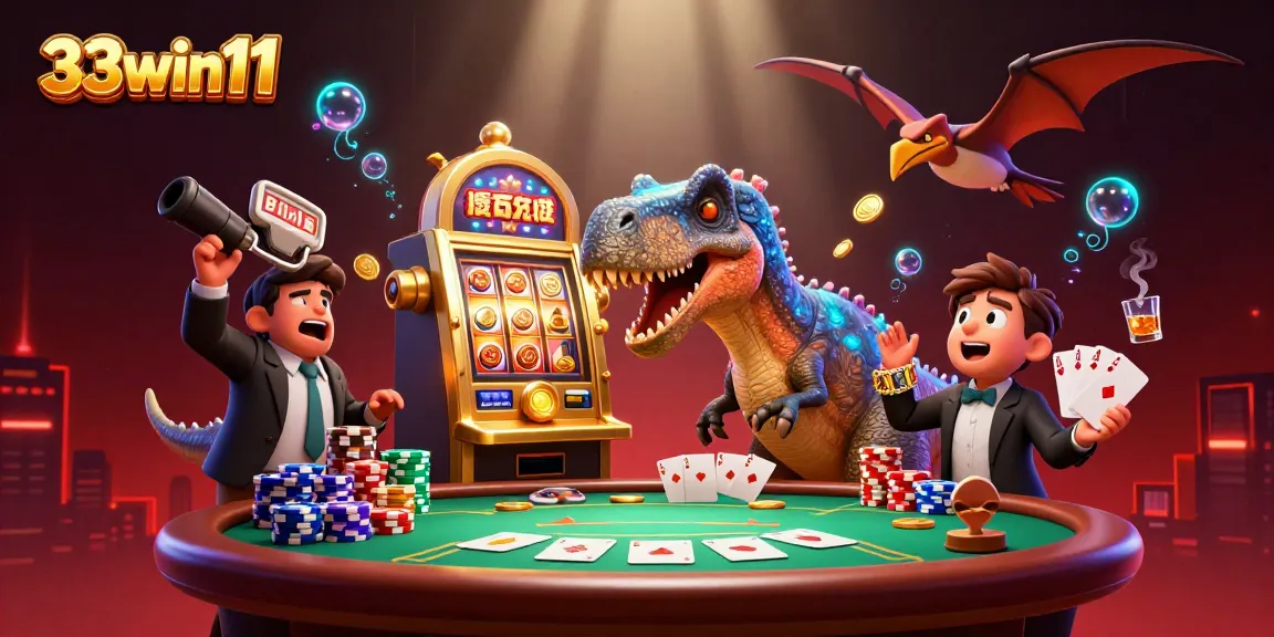 33win11 inspired design showing a fun 3D dinosaur creating jackpot action at a casino slot machine.