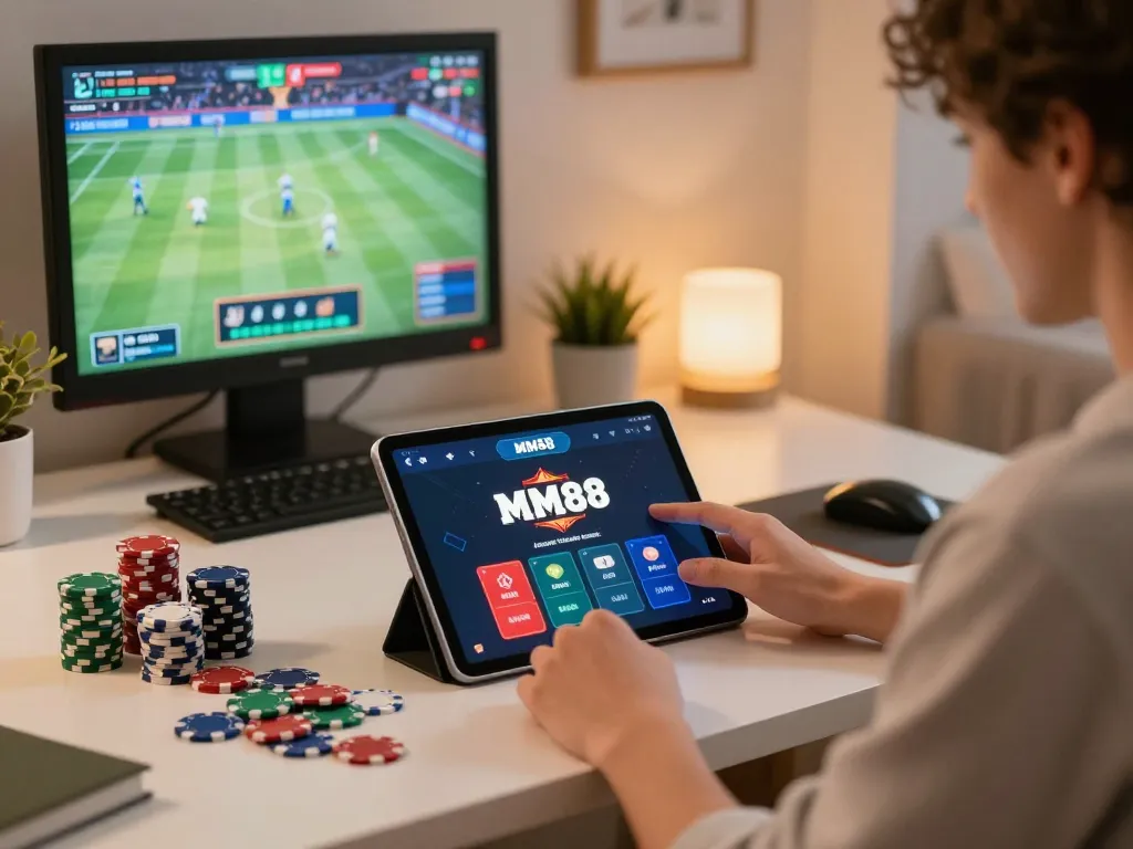 Player enjoying MM88 casino app gameplay on tablet in a cozy home office with poker chips around
