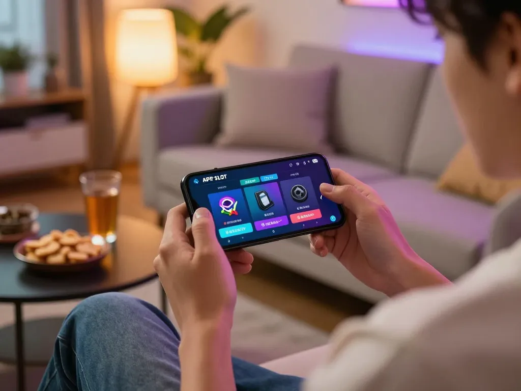 Engaging mobile gaming experience on an APK SLOT interface with cozy home setting.