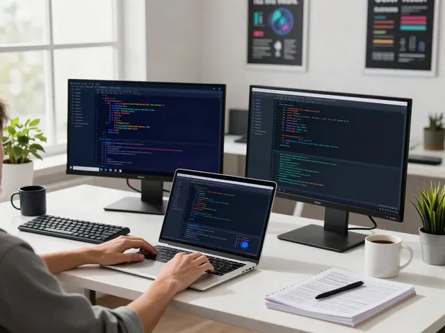 A80 homepage showcasing a sleek tech workspace with an engaged developer coding on dual monitors.