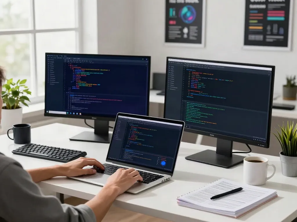 A80 homepage showcasing a sleek tech workspace with an engaged developer coding on dual monitors.