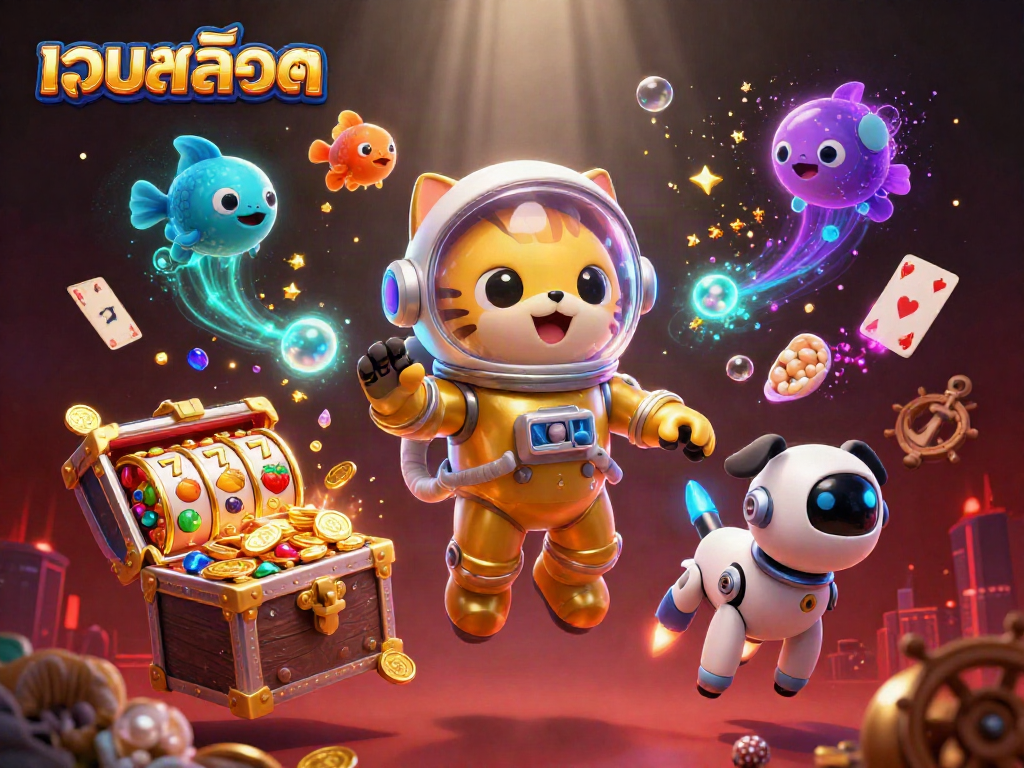 Experience เว็บสล็อต excitement with a 3D cartoon astronaut cat amidst winning treasures and dynamic game elements.