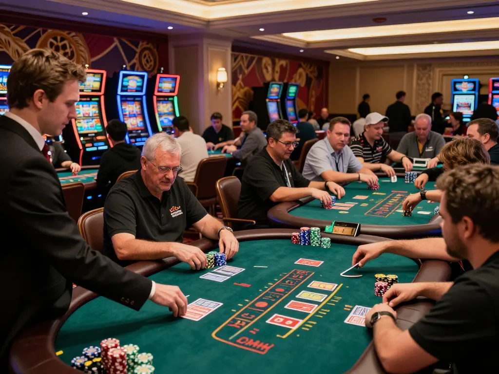 Pemain yang terlibat di meja blackjack selama turnamen menarik yang ditampilkan di https://www.gamestoursfestival.com/programme/ dengan pencahayaan kasino yang cerah.
