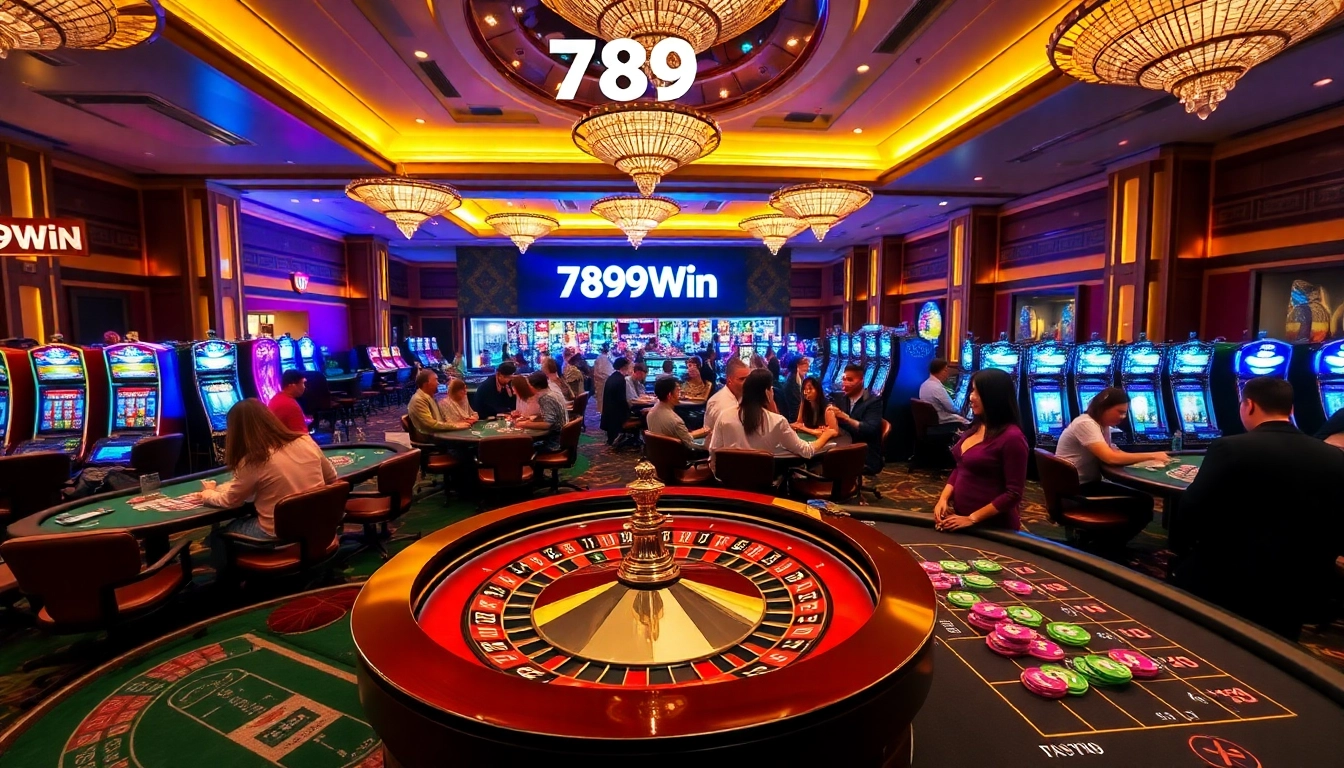 Players enjoying their time at 789Win, featuring roulette and blackjack tables in a lively casino atmosphere.