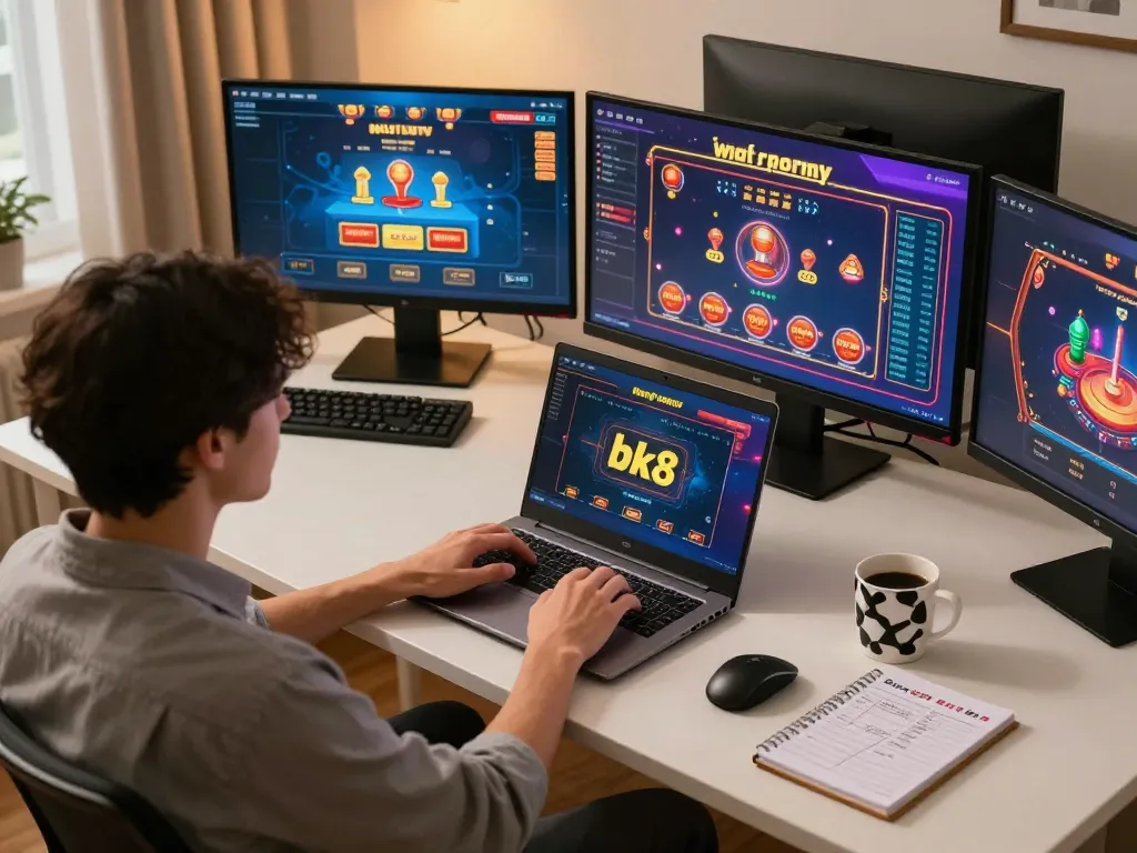 Engaging moment of a player using bk8 on a laptop, surrounded by gaming setups and strategy notes.