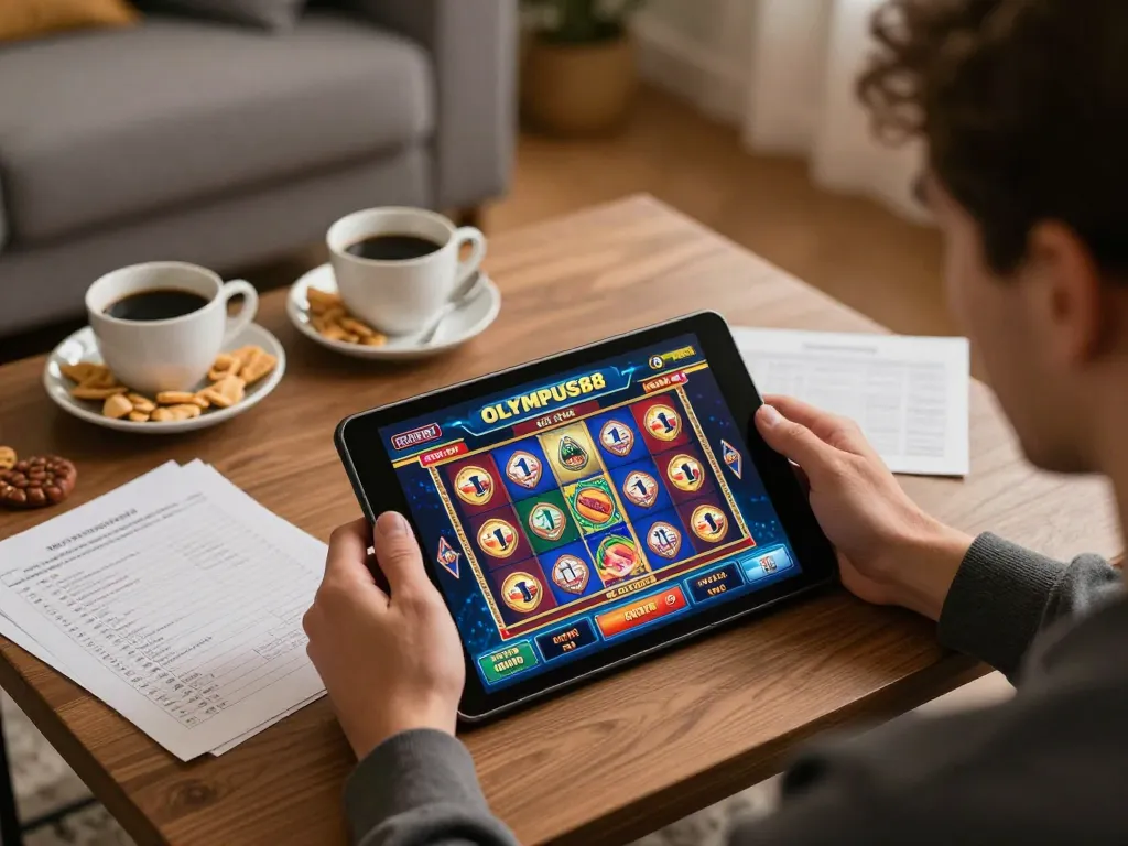 Engaging in OLYMPUS88 gaming on tablet with vibrant slot graphics, creating a relaxed home atmosphere.
