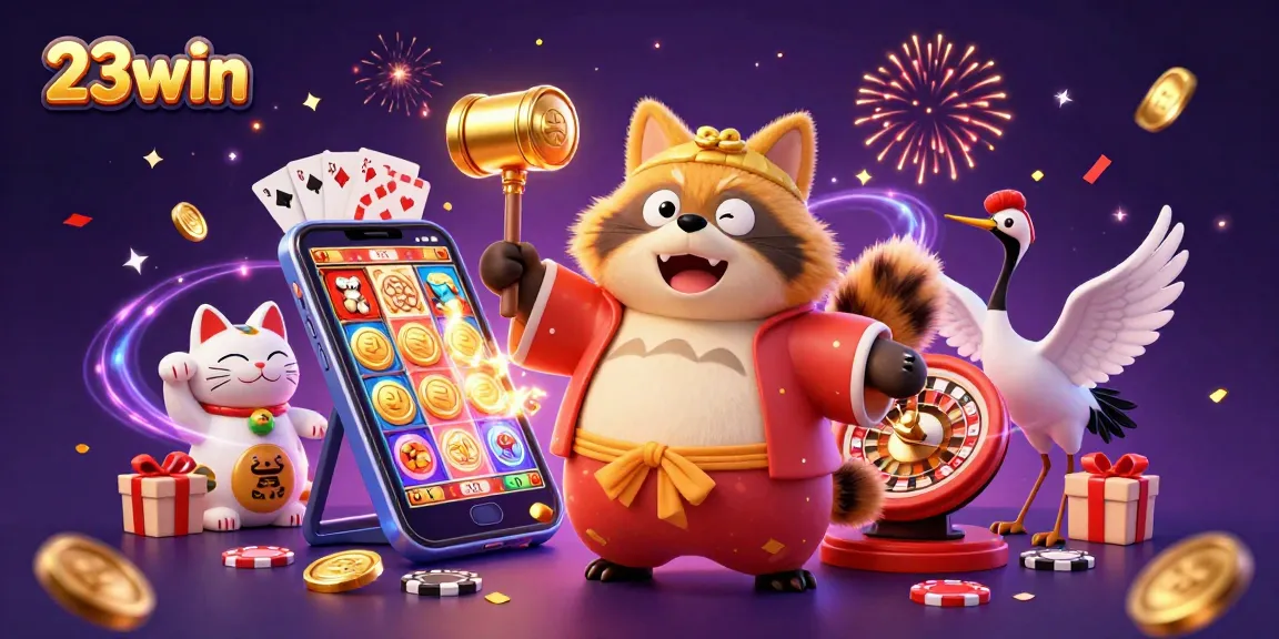 Experience the excitement of 23win with a vibrant casino scene featuring a cheerful tanuki and fortune cats.
