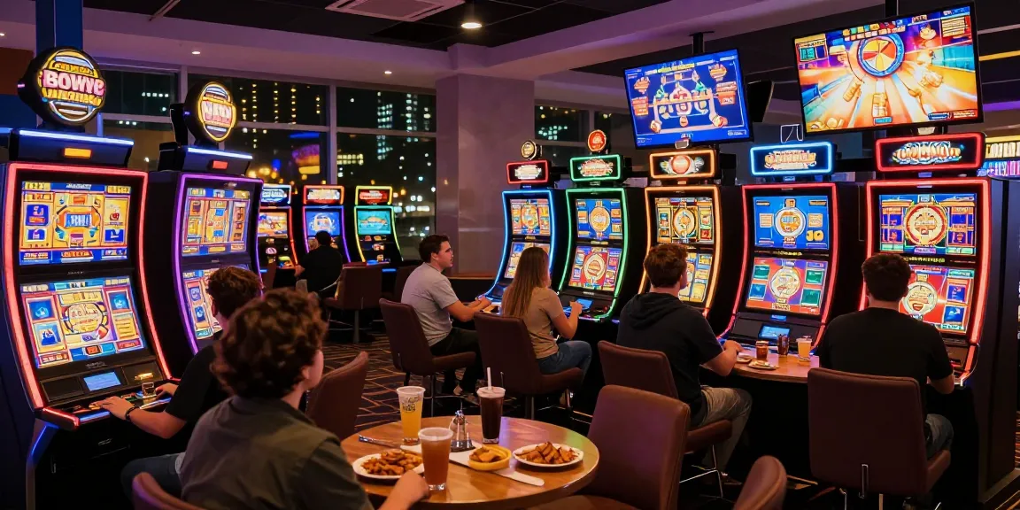 Groups of friends enjoying slots where you can buy bonus in a lively casino setting filled with colorful screens and gaming machines.