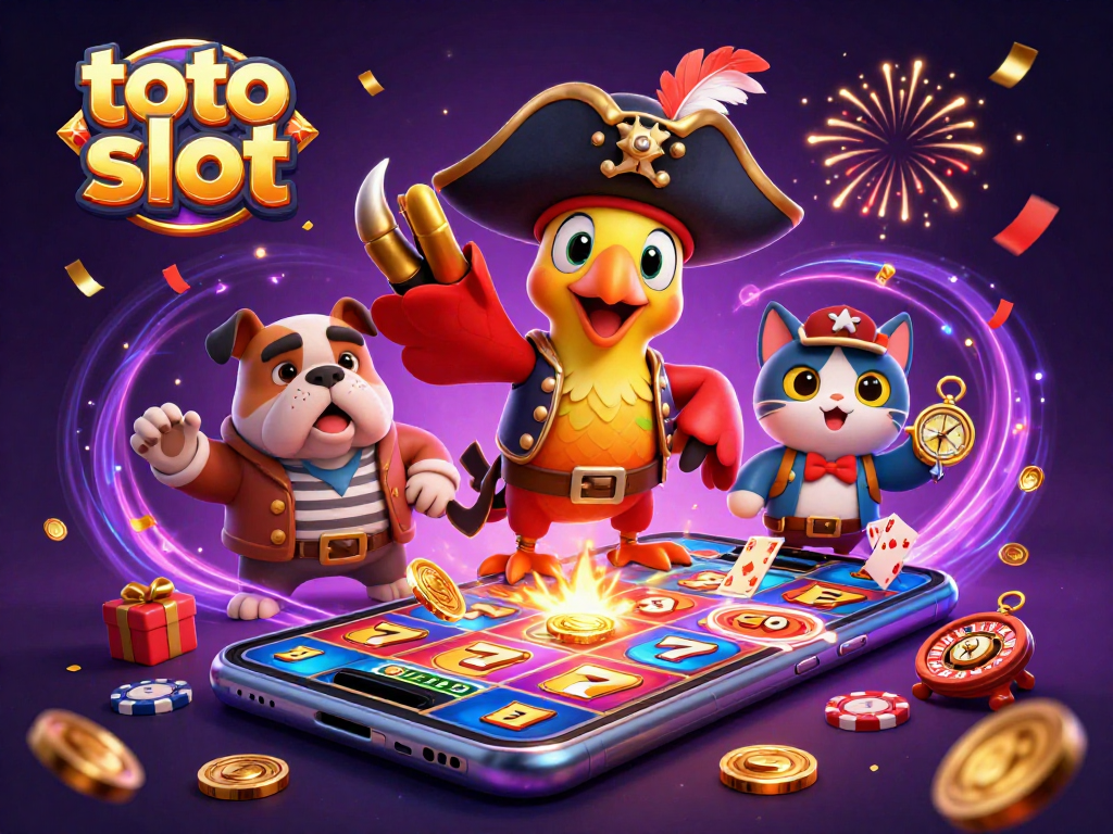 Experience thrilling toto slot action with our pirate captain and friends in a dynamic casino illustration.
