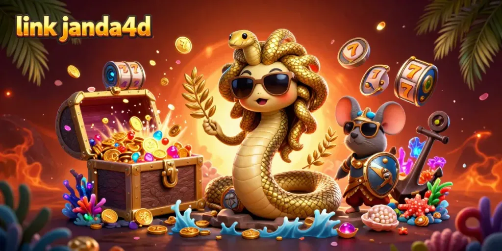 Dengan menggunakan link janda4d, karakter Medusa dan mouse perang menghadapi peti harta karun dan simbol slot di latar belakang yang berwarna-warni.