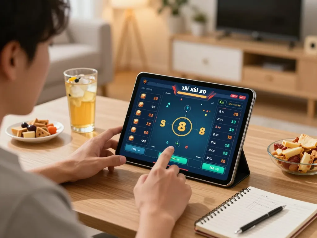 Tài xỉu online gameplay on a tablet showing active betting interface, cozy home setting with snacks and a notebook.