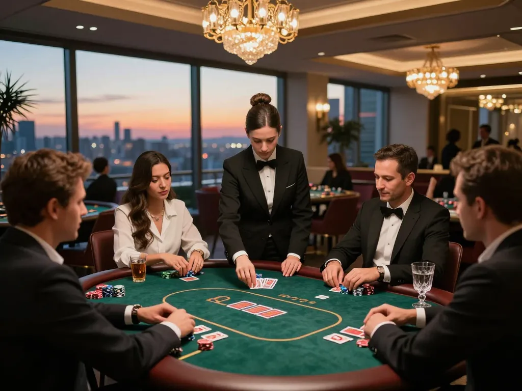Players enjoy intense poker action at tg88 rooftop casino, with stunning city views