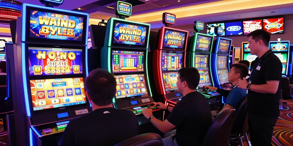 Players enjoying bonus buy slots in a lively casino atmosphere with engaging slot machines and vibrant lighting.