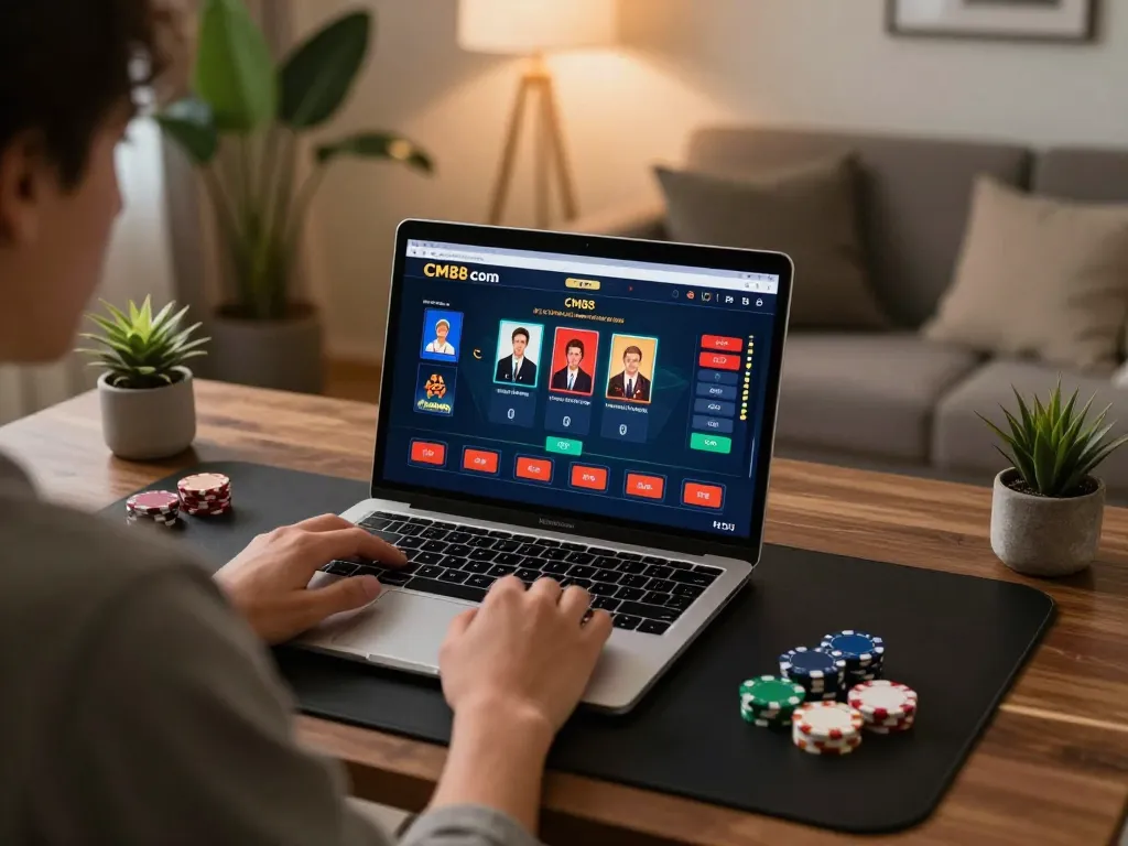 Engage in strategic poker gameplay on CM88 com with a focused online setup at home, highlighting betting options and personal space.