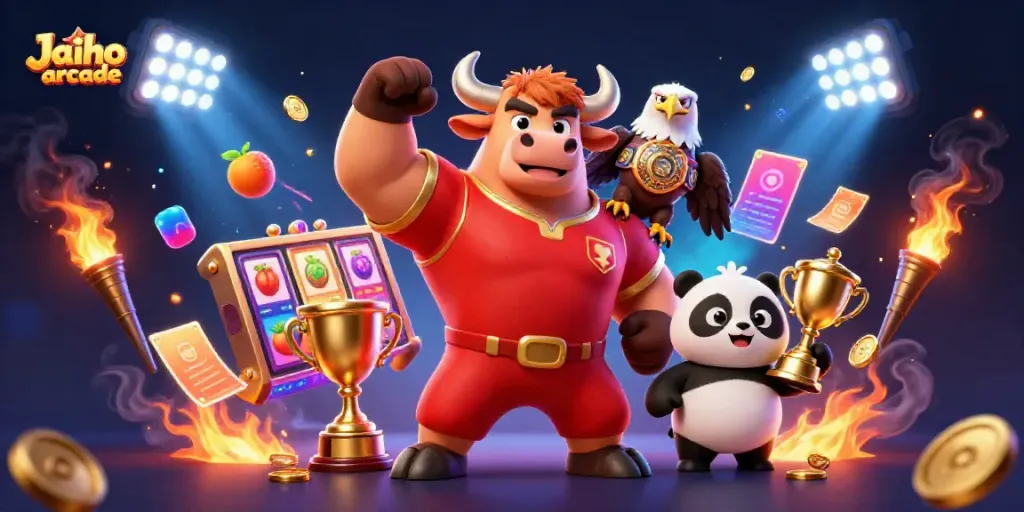Engage with the vibrant world of Jaiho arcade featuring a victorious bull, an eagle, and a panda celebrating casino wins.