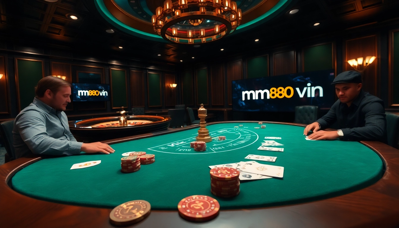 Engaging poker players at a luxurious casino table highlighting mm88 vin.