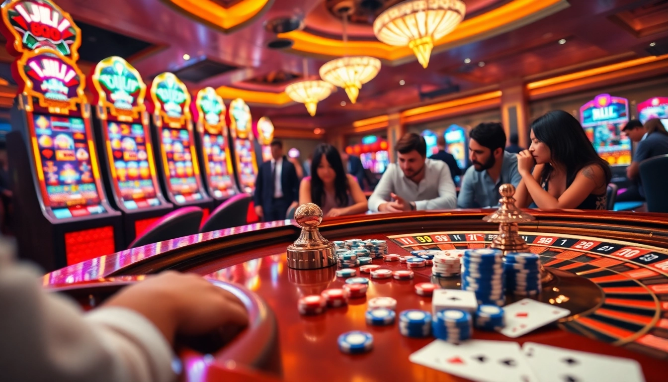 JILI gaming experience with vibrant slot machines, roulette wheels, and engaged players in a luxurious casino setting.