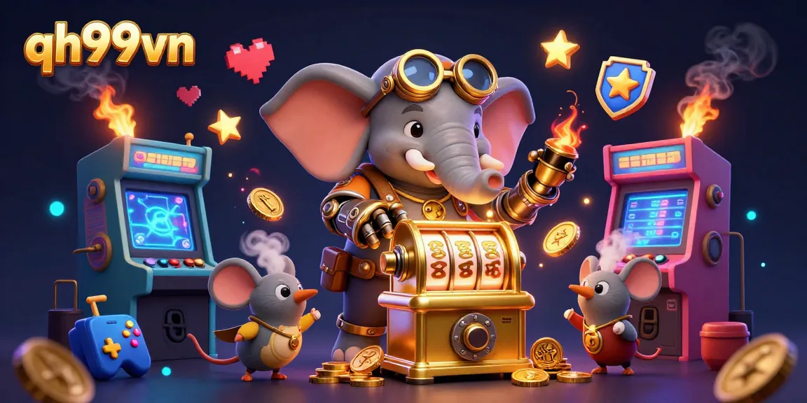 Experience the excitement of qh99vn with a steampunk elephant engaging with a golden slot machine amidst glowing gaming elements.
