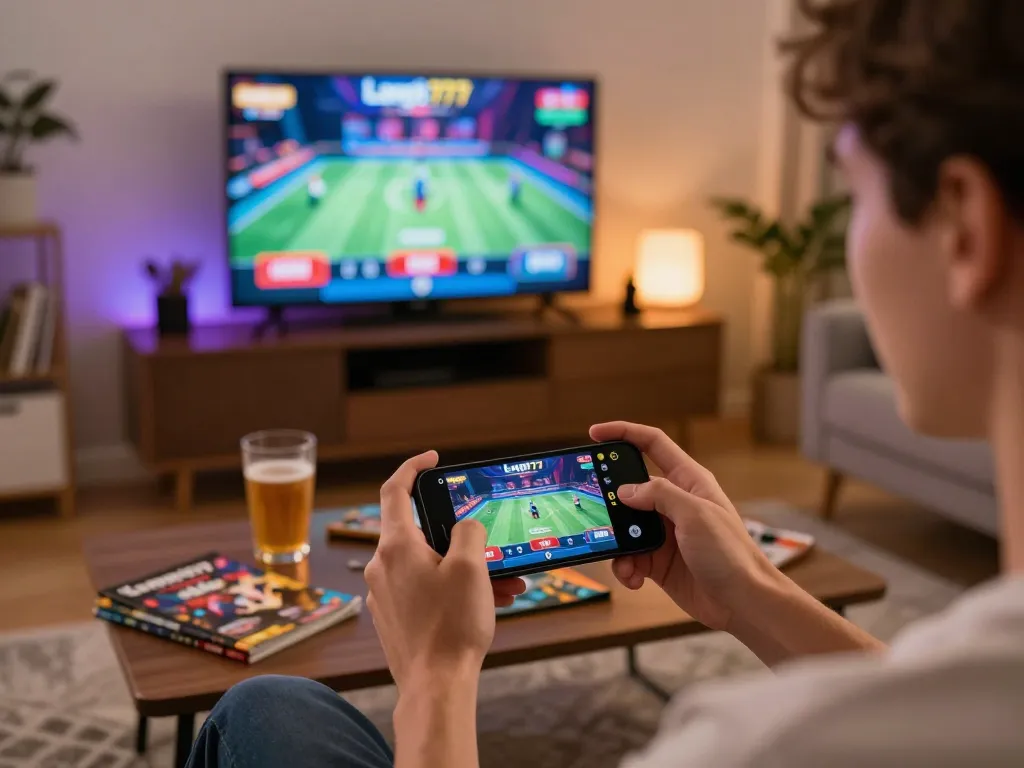 Engaged player enjoying langit777 on smartphone at home, capturing excitement and strategy.