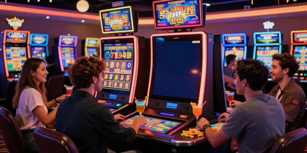 Friends celebrating wins at a Lucky777 casino, vibrant lights and games create an exciting atmosphere.