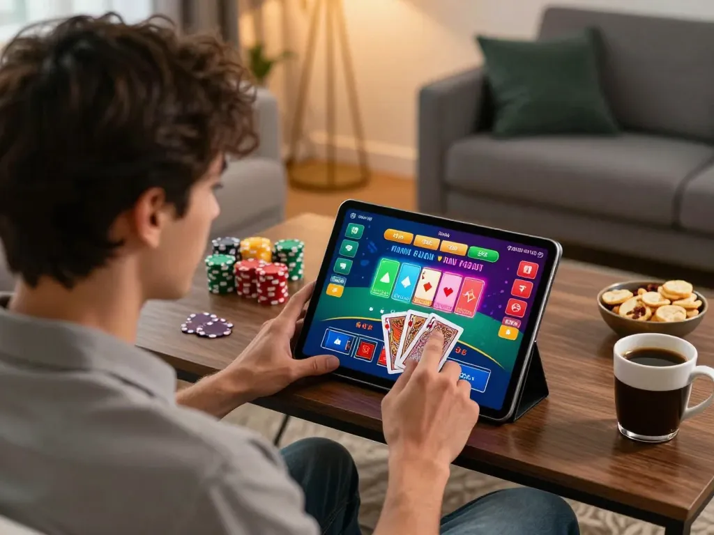 Engaged player enjoying live dealer blackjack on tablet at nhà cái 8xbet, showcasing modern home gaming.