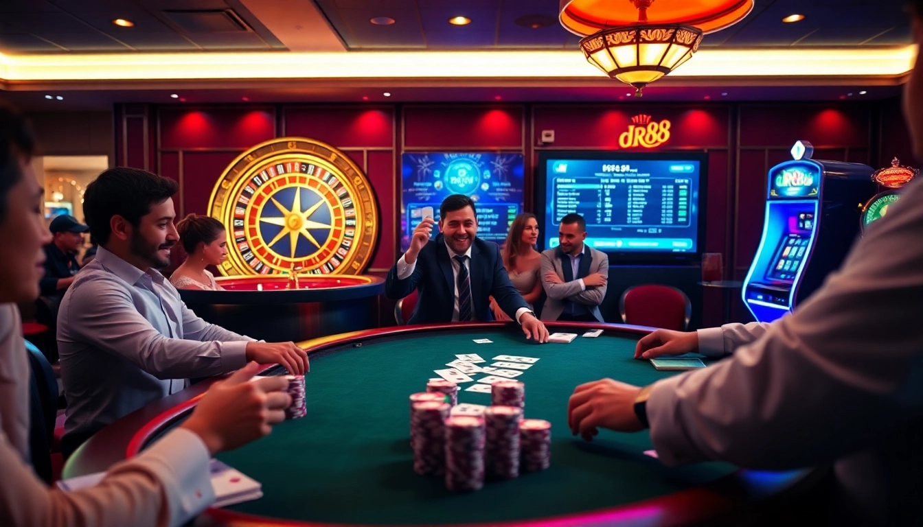 Players engaging in thrilling poker at DR88 online casino, showcasing luxury and excitement.