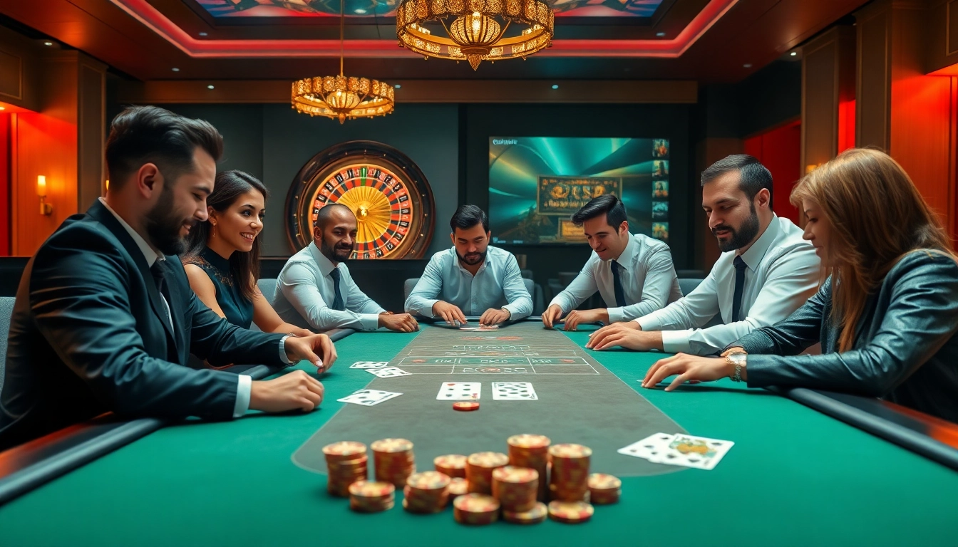 Players strategizing at a Rikvip poker table, showcasing excitement and competition.