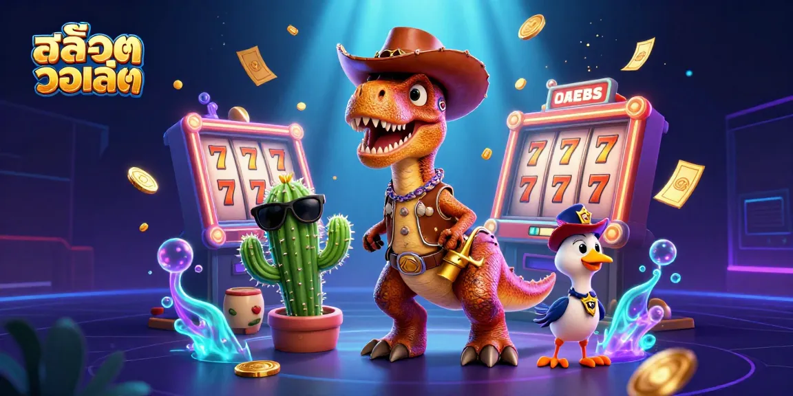 Engage with สล็อตวอเลท as the cartoon dinosaur and friends celebrate jackpot wins with dynamic slot machine visuals.