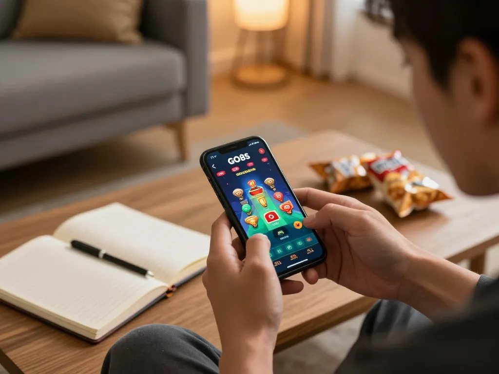 Player engaged with GO8s mobile casino app, showcasing strategic gameplay in a cozy atmosphere.