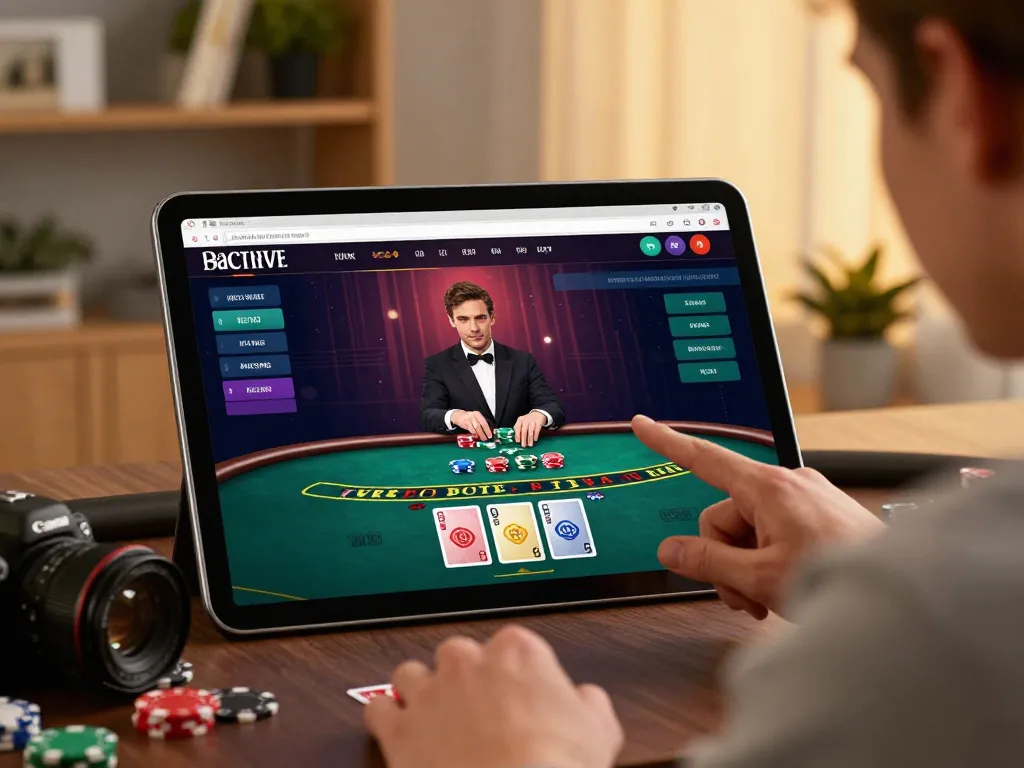 Player engaging with F8BET live dealer baccarat on a tablet in a cozy ambiance.