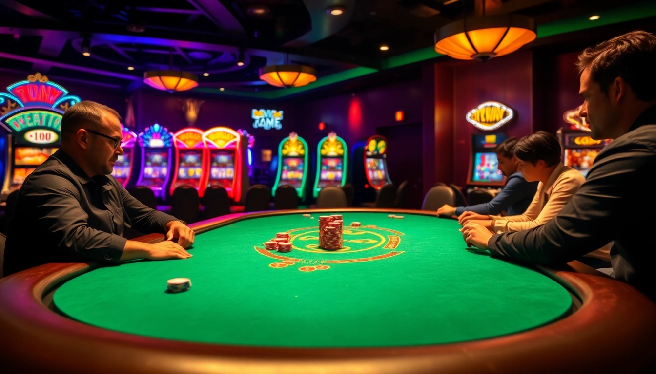 Engaged players at a casino poker table create an electric atmosphere in a vibrant gaming setting.
