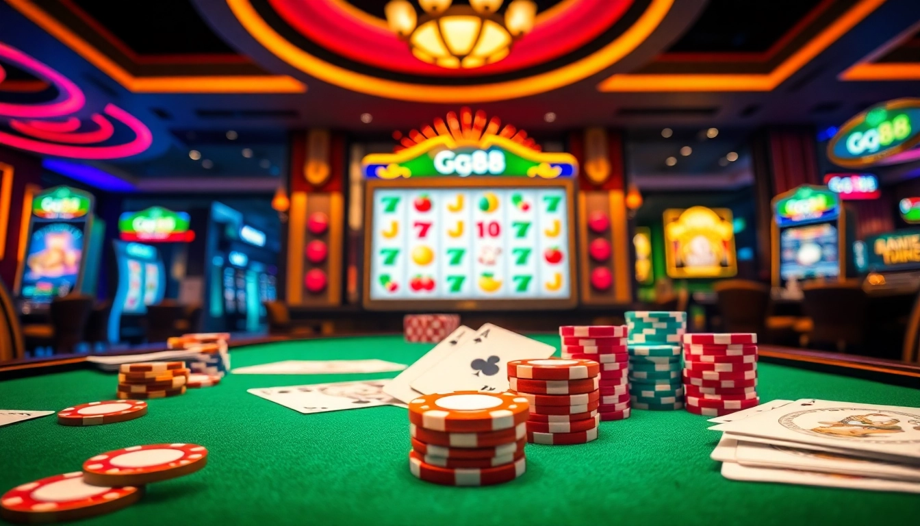 Experience thrilling casino action with gg88 branding, featuring a vibrant gaming table and digital slot machines.