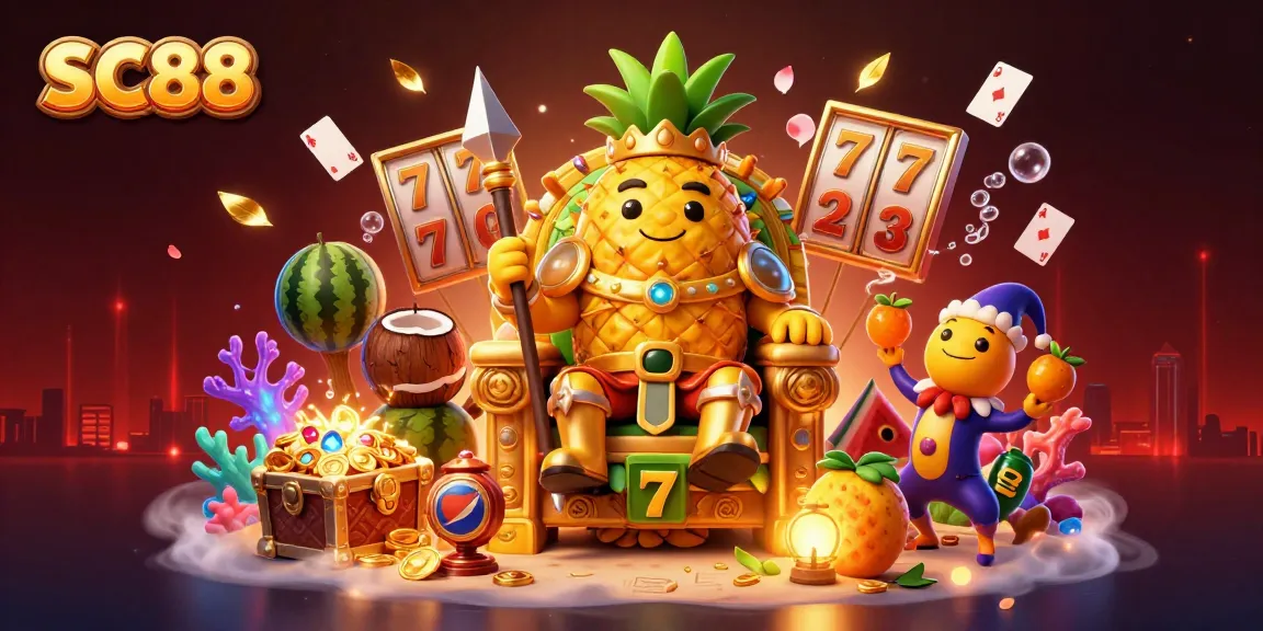 Experience exciting SC88 gameplay with a golden pineapple king and lively casino scene.