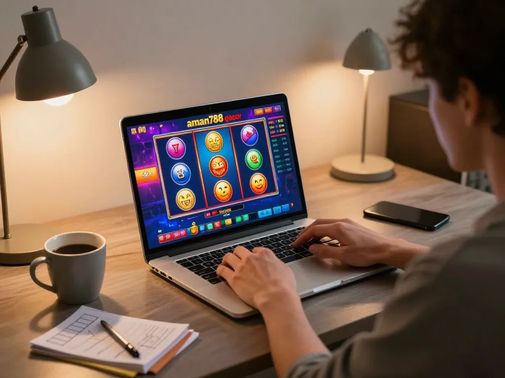 Menghadiri sesi aman788 slot gacor yang mendebarkan di laptop di rumah, menunjukkan kenyamanan bermain game online.