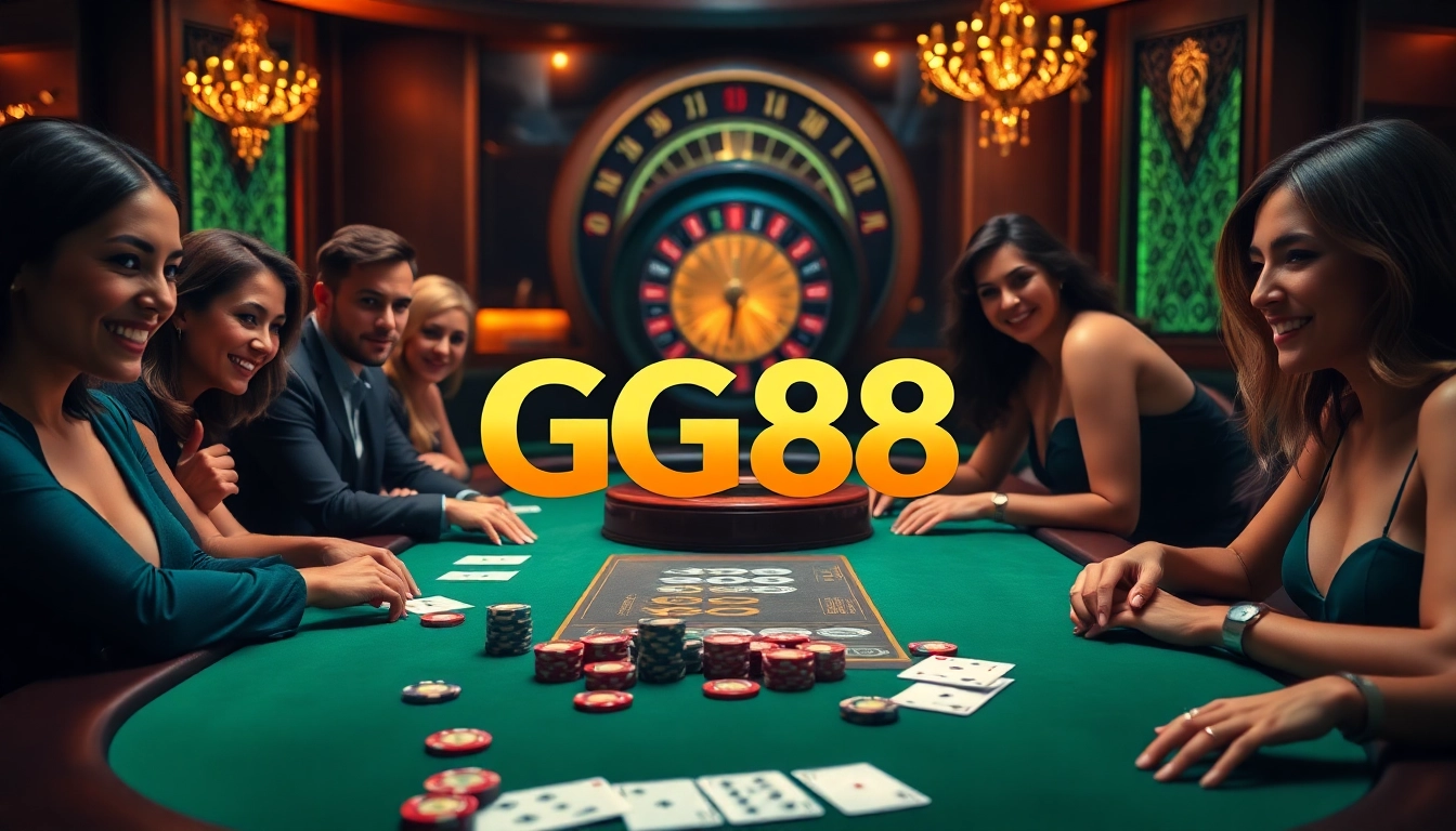 Experience the thrill of winning at GG88 alongside a stylish poker table and vibrant casino elements.
