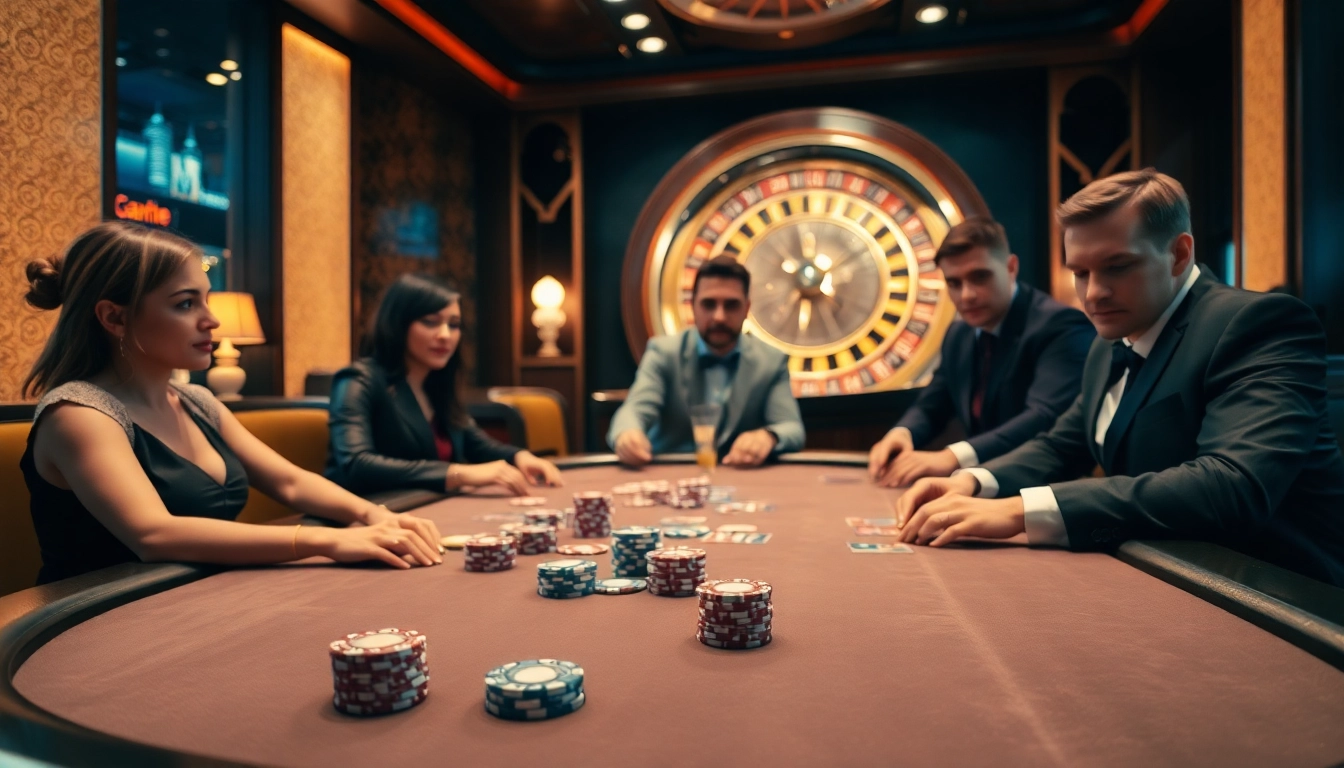 8day casino scene featuring a high-stakes poker table with vibrant cards and poker chips.