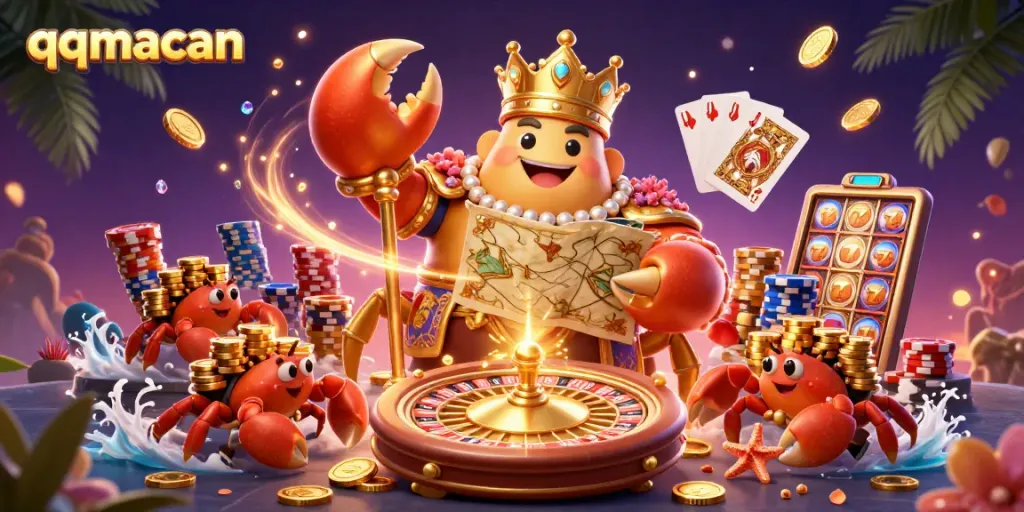 Experience the excitement of qqmacan with a dynamic 3D scene featuring a golden crab emperor amidst casino elements.
